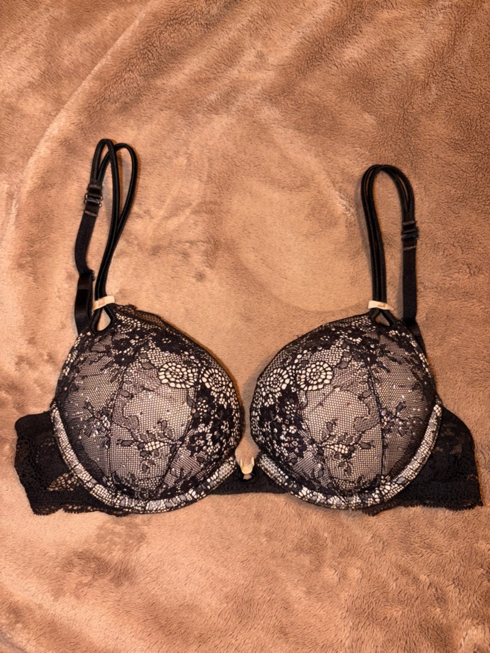 Victoria's Secret Black Lace Push-Up Bra with Cream Underlay